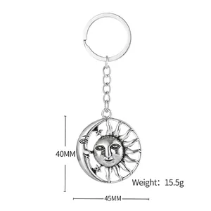 Vintage silver sun and moon keychain in bohemian style for backpacks, 45mm pendant