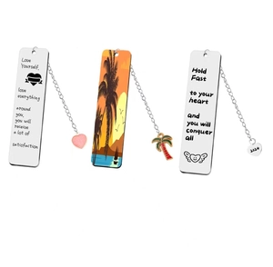 Detail view of brushed stainless steel bookmarks with color printing and chain pendants