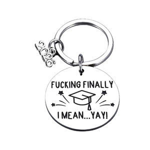 Stainless steel 2026 graduation keychain featuring a round pendant with a funny quote