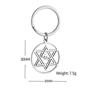 Stainless steel Evil Eye and Hexagram hollow pendant keychain, 30mm diameter circle