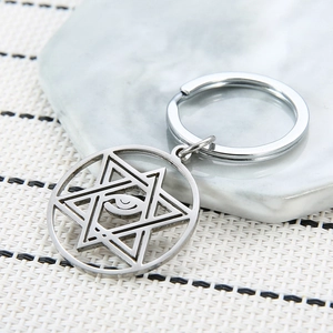 Minimalist stainless steel Evil Eye keychain with geometric hollow hexagram star design