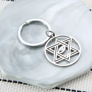 Minimalist evil eye stainless steel keychain featuring a hollow geometric hexagram design