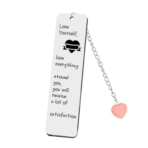 Brushed stainless steel bookmark with motivational quote and pink heart charm pendant