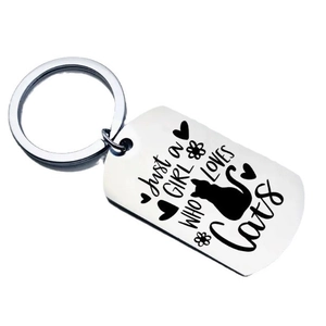 Polished stainless steel cat lover keychain with Just a Girl Who Loves Cats engraving