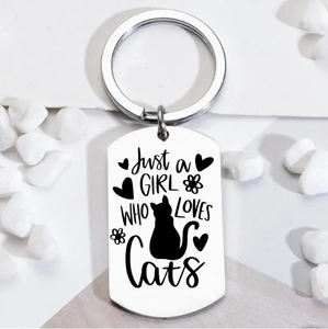 Just a Girl Who Loves Cats Stainless Steel Keychain Rectangle Metal Tag Cat Lover Gift for Women Girls Silver Key Ring