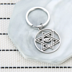 Stainless Steel Evil Eye Hexagram Keychain Hollow Round Star Of David Protective Amulet Keychain Metal Key Ring For Men Women