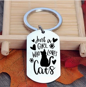 Just a Girl Who Loves Cats stainless steel keychain with cat silhouette and heart engraving
