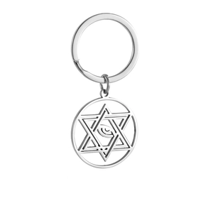 Detailed view of the hollow hexagram and evil eye symbol on a silver steel keychain