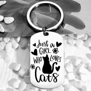 Just a Girl Who Loves Cats stainless steel keychain with cat silhouette and heart
