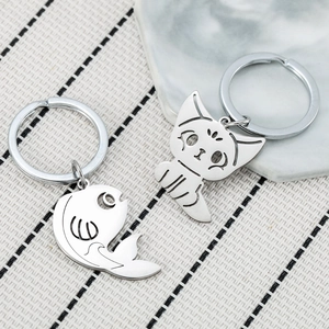 Lot de porte-clés chat et poisson en acier inoxydable avec finition miroir poli