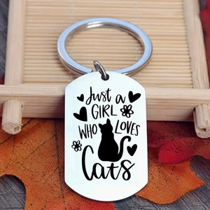 Polished stainless steel cat lover keychain featuring Just a Girl Who Loves Cats text
