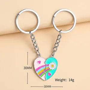 Rainbow heart magnetic couple keychain set made of polished zinc alloy metal