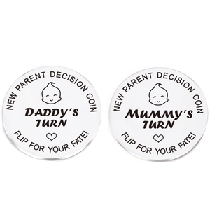 New parent decision coin in stainless steel featuring Daddy's and Mummy's turn engravings