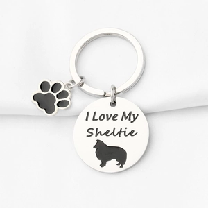Porte-clés de Sheltie en acier inoxydable avec pendentif patte de chien et disque gravé