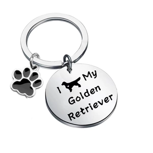 Porte-clés Golden Retriever en métal poli avec breloque patte et message gravé