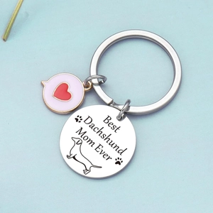 Stainless steel Best Dachshund Mom Ever keychain with a pink heart charm and dog tag