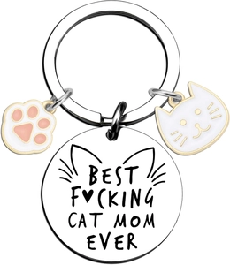 Porte-clés Cat Mom Ever en acier inoxydable avec patte rose et tête de chat émaillée