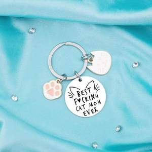Porte-clés Cat Mom Ever en Acier Inoxydable Pendentif Best Cat Mom Ever Gravé Avec Breloque Patte de Chat en Émail Cadeau pour Femmes