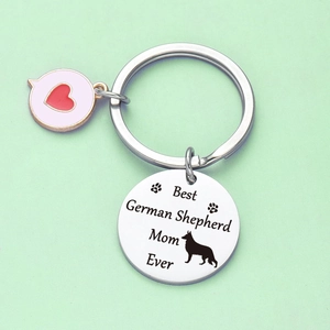 Minimalist German Shepherd Mom Ever stainless steel keychain with pink enamel heart charm