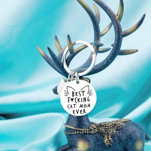 Porte-clés Cat Mom Ever en acier inoxydable avec pendentif chat sur décor élégant