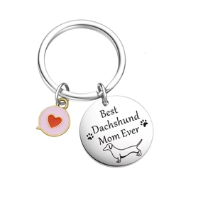 Detail of Best Dachshund Mom Ever stainless steel keychain with pink heart charm