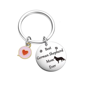 German Shepherd Mom keychain with silver metal pendant and pink heart charm