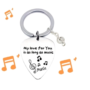 Stainless steel guitar pick keychain with musical notes and romantic quote for lovers