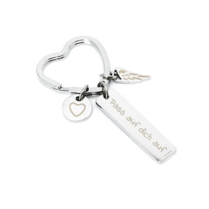 Guardian angel keychain with heart and wing charms in polished stainless steel