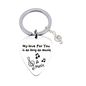 Guitar pick keychain in polished stainless steel with music notes and love quote