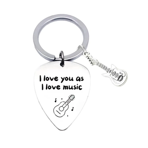 Polished stainless steel guitar pick keychain with I love you music engraving and pendant