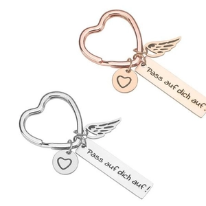 Guardian angel stainless steel heart keychains in rose gold and silver with German engraving