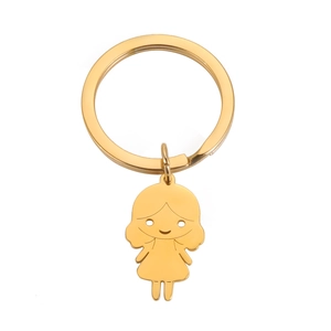 Detailed macro view of a polished golden cartoon girl pendant on a metal keychain