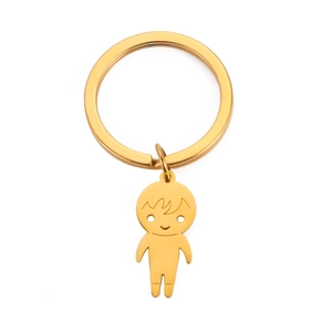 Polished gold stainless steel keychain with a minimalist cute cartoon boy pendant charm