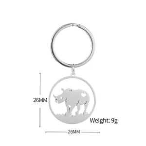 Porte-clés rhinocéros en acier inoxydable argenté avec petit cœur et pendentif rond 26mm
