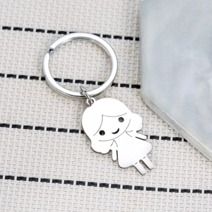 Cartoon girl pendant keychain in polished stainless steel with minimalist silver finish