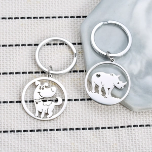 Porte-clés Animal en Acier Inoxydable Pendentif Circulaire Évidé Rhinocéros Chien Accessoires de Voiture Bijoux Cadeau Amis