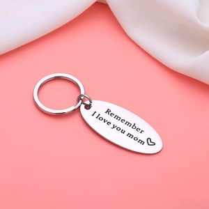 Polished stainless steel oval keychain with heart and Remember I Love You Mom engraving
