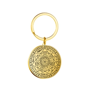 Gold stainless steel keychain featuring engraved Seal of the Seven Archangels amulet