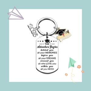 2026 Graduation keychain in silver stainless steel with inspirational poem tag and charms