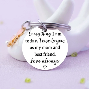 Polished stainless steel Mother's Day keychain with Love Always Mom message on display