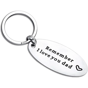 Polished stainless steel keychain with engraved heart and I love you dad message