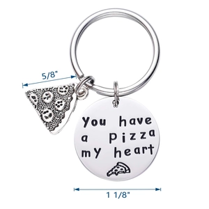 Funny pizza my heart stainless steel keychain with detailed slice charm on white background