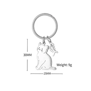 Cartoon cat and fish bone stainless steel keychain, size 30x25mm and weight 9g