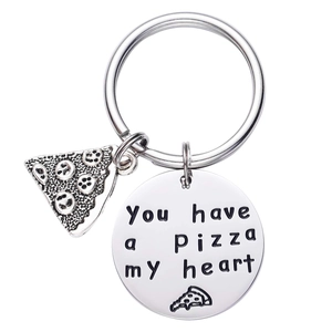 Stainless steel pizza my heart keychain set with engraved metal charm and pizza slice pendant