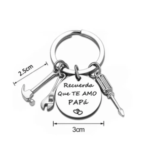 Stainless steel keychain with mini tools and engraved Spanish text for Father Day
