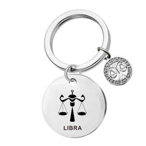 Porte-clés Balance en acier inoxydable avec pendentif rond poli et gravure au laser