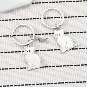 Cute Cartoon Cat Fish Bone Stainless Steel Keychain Polished Metal Animal Shape Bag Pendant For Women Unisex Accessory Gift