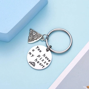 Funny stainless steel pizza keychain with engraved heart quote and metal charm
