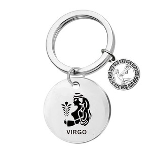 Porte-clés Vierge en acier inoxydable poli avec pendentif rond et petite breloque
