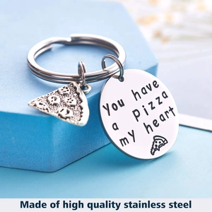 Stainless steel pizza keychain with You Have a Pizza My Heart engraved charm on blue block